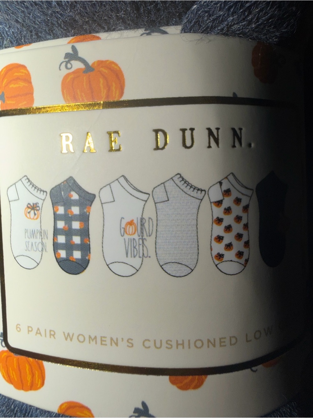 Rae Dunn Women's Pumpkin Themed No-Show Sock Pack - Blue & White & Orange